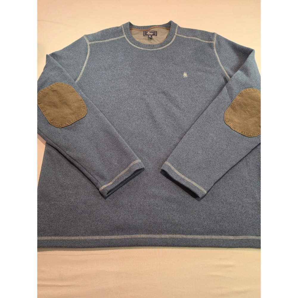 GH Bass Mens XL Blue Marled Knit Crewneck Sweater Elbow Patches Tree Logo 1103